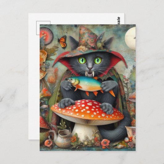 愛らしい吸血鬼の猫と魚のキノコ|過去記事 ポストカード (正面/裏面)