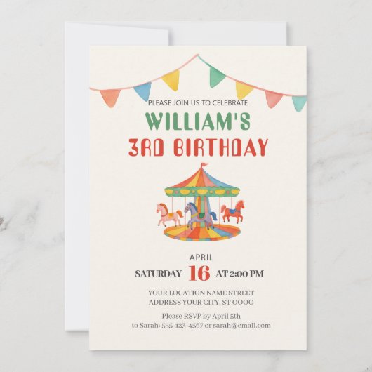 愛らしい回転木馬誕生日 招待状 (裏面)