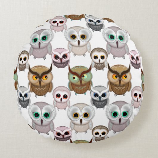 愛らしい図解入りの、写真付きのOwlsパターン ラウンドクッション (正面)