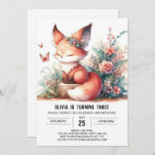 愛らしい夢のキツネ誕生日デジタル 招待状 (正面/裏面)