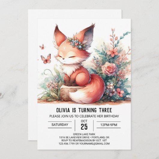 愛らしい夢のキツネ誕生日デジタル 招待状 (正面/裏面)