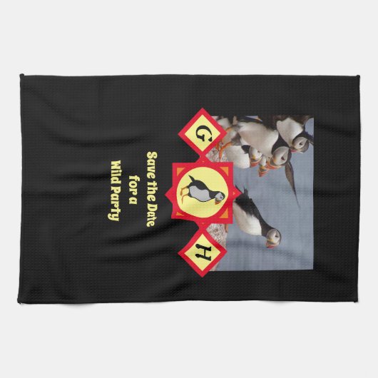 愛らしい大西洋のパフィン漫画モノグラム写真 キッチンタオル (横)