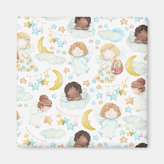 愛らしい天使と星の水彩画 マグネット (正面)