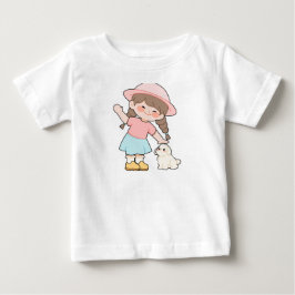 愛らしい女の子とうさぎの白いTシャツ ベビーTシャツ