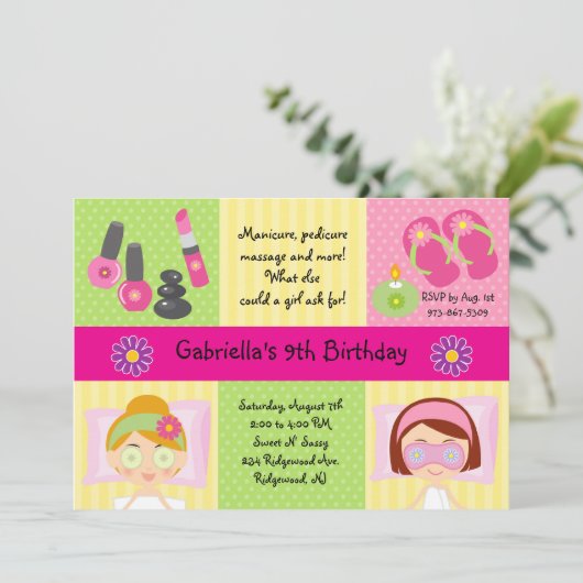 愛らしい女の子のスパのパーティーの誕生日の招待状 招待状 (スタンド正面)