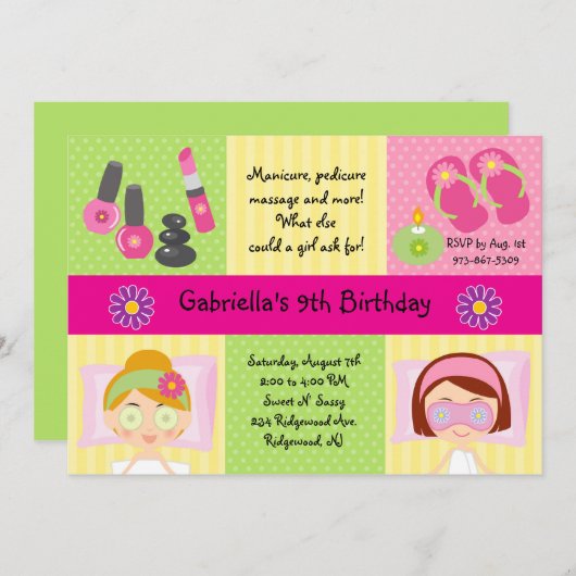 愛らしい女の子のスパのパーティーの誕生日の招待状 招待状 (正面/裏面)
