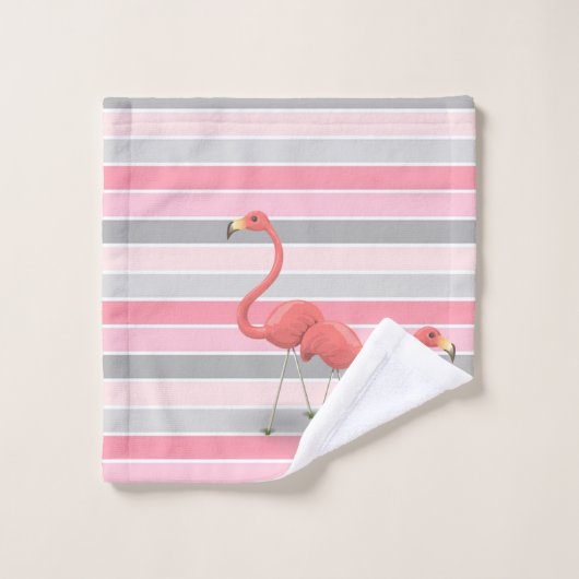 愛らしい女の子のフワフワピンクのフラミンゴ ストライプ バスタオルセット (ウォッシュタオル)