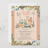 愛らしい女の子ウッドランドディアベビーシャワーサンゴ 招待状 (正面)