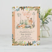 愛らしい女の子ウッドランドディアベビーシャワーサンゴ 招待状 (スタンド正面)