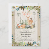 愛らしい女の子ウッドランドディアベビーシャワー素朴イン 招待状 (正面)
