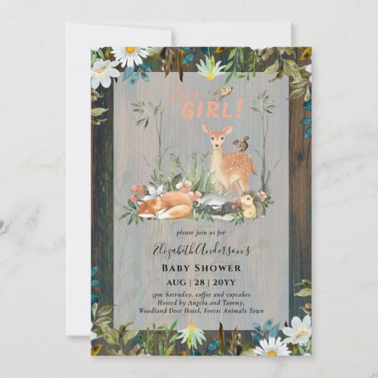 愛らしい女の子ウッドランドディアベビーシャワー素朴イン 招待状 (正面)