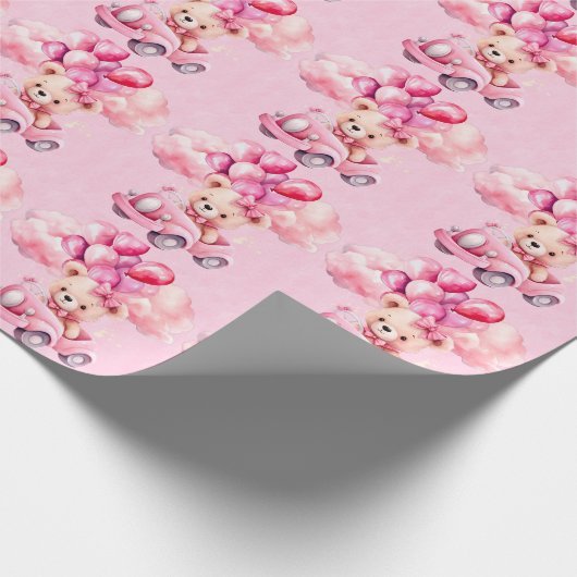 愛らしい女の子テディベアーヴィンテージカーベビーシャワー ラッピングペーパー (角)