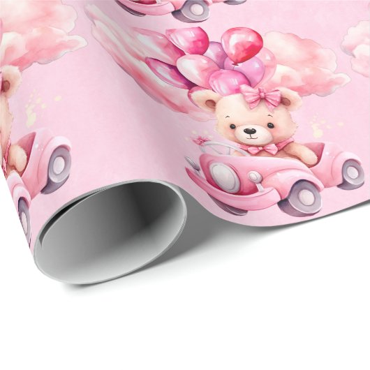 愛らしい女の子テディベアーヴィンテージカーベビーシャワー ラッピングペーパー (ロールコーナー)