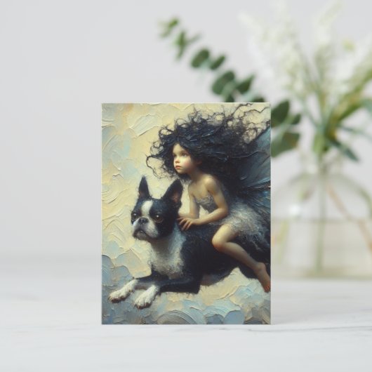 愛らしい妖精がボストンテリアに乗る ポストカード (スタンド正面)