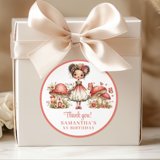 愛らしい妖精 ピンクの花の女の子の誕生日ありがとう ラウンドシール