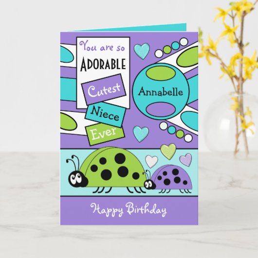 愛らしい姪のレディーバグの特別少女パープルグリーン カード (黄色い花)