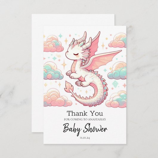 愛らしい威厳のあるドラゴンベビーシャワー サンキューカード (正面/裏面)