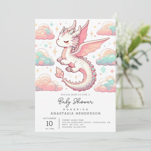 愛らしい威厳のあるドラゴンベビーシャワー 招待状 (スタンド正面)