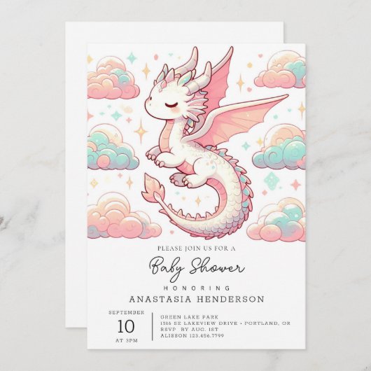 愛らしい威厳のあるドラゴンベビーシャワー 招待状 (正面/裏面)