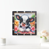 愛らしい子牛のピクニックフローラ スクエア壁時計 (ホーム)