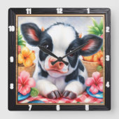 愛らしい子牛のピクニックフローラ スクエア壁時計 (正面)