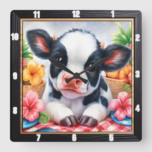愛らしい子牛のピクニックフローラ スクエア壁時計 (正面)