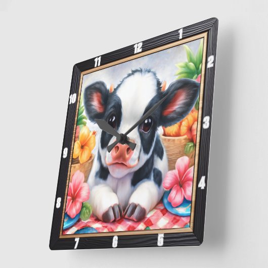 愛らしい子牛のピクニックフローラ スクエア壁時計 (傾斜)