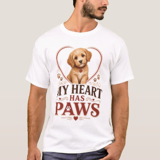 愛らしい子犬とハートと足跡がデザインされた「私のハートには肉球がある」Tシャツ、犬好き、ペット飼い主 Tシャツ