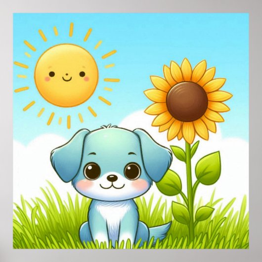 愛らしい子犬とヒマワリと笑顔の太陽 ポスター (正面)