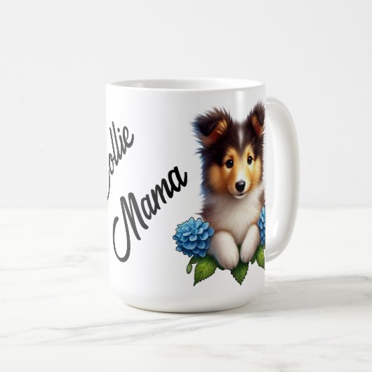 愛らしい子犬と青い花コリーママ コーヒーマグカップ (正面右)
