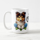 愛らしい子犬と青い花コリーママ コーヒーマグカップ (左)