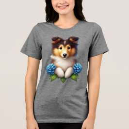 愛らしい子犬と青い花 トライブレンドＴシャツ