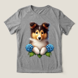 愛らしい子犬と青い花 トライブレンドＴシャツ