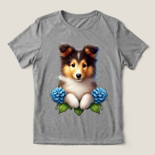 愛らしい子犬と青い花 トライブレンドTシャツ (デザイン正面)