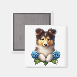 愛らしい子犬と青い花 マグネット