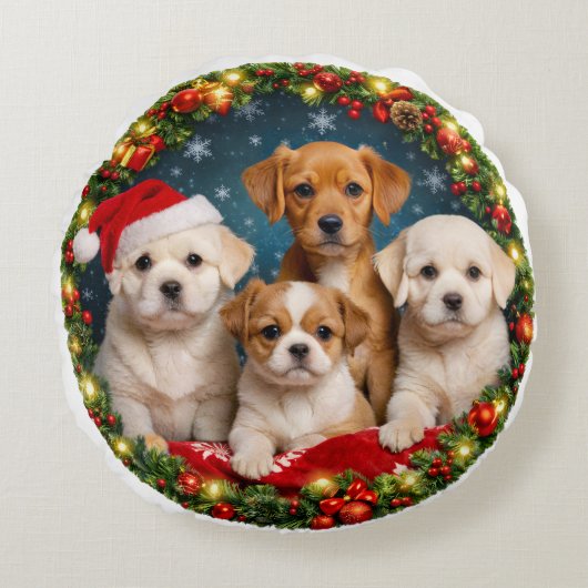 愛らしい子犬のクリスマス円形クッション ラウンドクッション (正面)