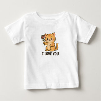 愛らしい子猫が花を持っている – I LOVE YOU かわいい ベビーTシャツ