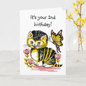 愛らしい子猫と蝶の第2誕生日カード カード (黄色い花)