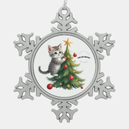 愛らしい子猫のクリスマスオーナメント スノーフレークピューターオーナメント