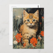 愛らしい子猫の花絵画ヴィンテージ ポストカード (正面/裏面)