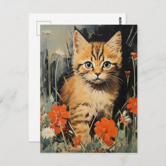愛らしい子猫の花絵画ヴィンテージ ポストカード (正面/裏面)