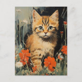愛らしい子猫の花絵画ヴィンテージ ポストカード (正面)