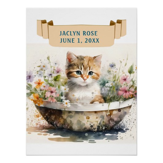 愛らしい子猫を丼に入れ、名前子供の誕生日 ポスター (正面)