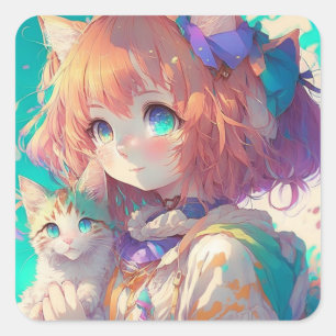 愛らしい子猫を持つアニメの少女 スクエアシール