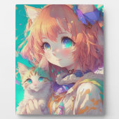 愛らしい子猫を持つアニメの少女 フォトプラーク (正面)