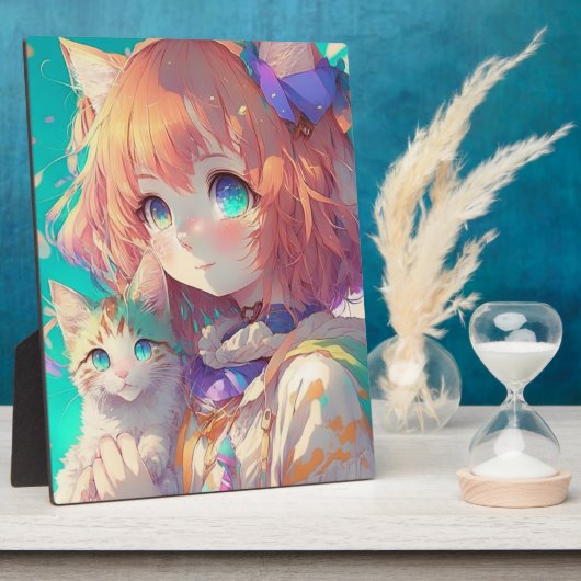 愛らしい子猫を持つアニメの少女 フォトプラーク (側面)