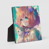 愛らしい子猫を持つアニメの少女 フォトプラーク (正面)