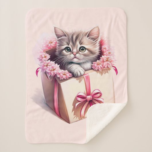 愛らしい子猫を箱に入れた誕生日 シェルパブランケット (正面)