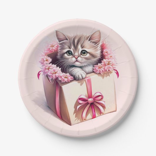 愛らしい子猫を箱に入れた誕生日 ペーパープレート (正面)