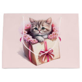愛らしい子猫を箱に入れた誕生日 ラージペーパーバッグ (正面)